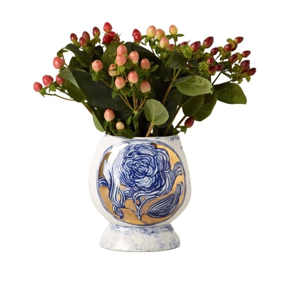 ANTHROPOLOGIE Ruan Hoffmann Jardin des Plantes Ceramic Blue & Gold White Vase - Picture 1 of 12